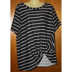 Paper Plane Striped Top Sz 1X Black/White Tie Front SS Knit women's Blouse